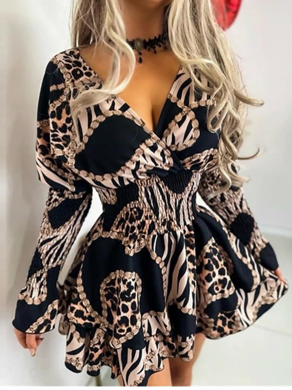 Source Unknown Black and Blush Print V-Neck Dress